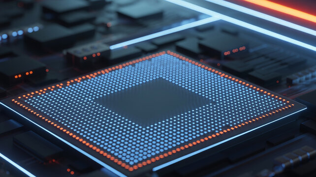 Glowing blue and orange circuit board with central processor and neon lights on dark background.