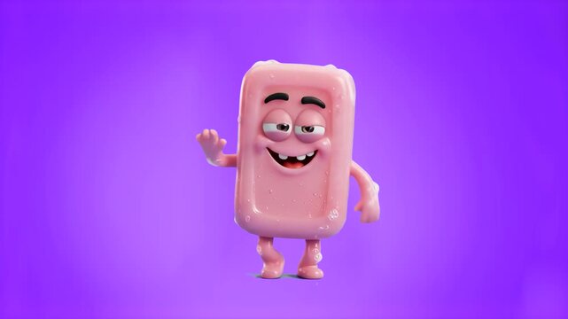 A cheerful 3D cartoon pink bar of soap mascot waving joyfully against a vibrant purple studio backdrop. Perfect for skincare brand advertising, bathroom product promotions, hygiene campaigns, and colo