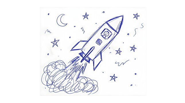 Hand drawn rocket ship sketch in blue ink, whimsical space shuttle doodle with stars and moon, creative startup launch concept illustration