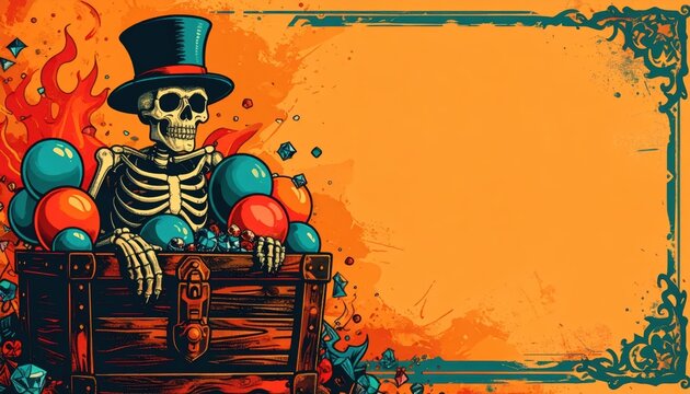 Skeleton in Top Hat Emerging from Treasure Chest with Colorful Orbs and Large Copy Space on Orange Background Frame - Halloween Graphic Illustration