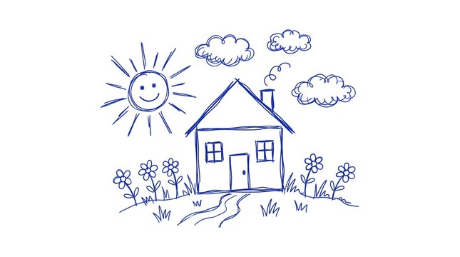 Hand drawn house sketch in blue ink, simple child drawing of a home with sun and clouds, naive line art illustration of a cottage and garden