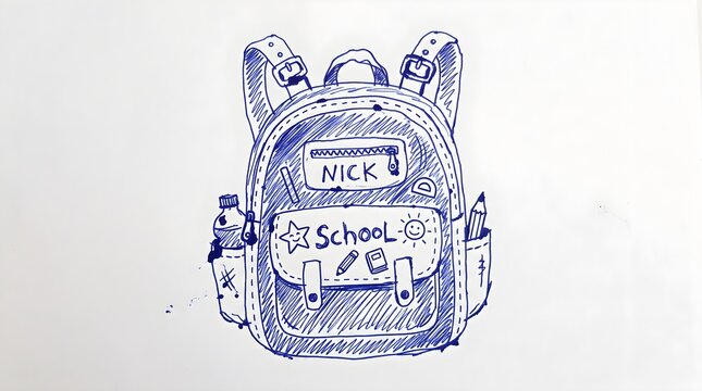 Hand-drawn school backpack illustration in blue ink, creative doodle of a student rucksack with school text, artistic sketch of educational bag
