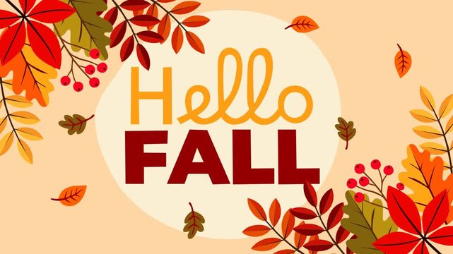 Warm autumn themed motion background featuring colorful fall leaves, berries, and a cheerful Hello Fall message