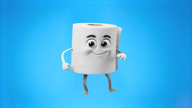A cute 3D rendered toilet paper roll character dancing cheerfully on a solid light blue studio background. Suitable for sanitary product marketing, commercial video overlays, bathroom care ads, and pl