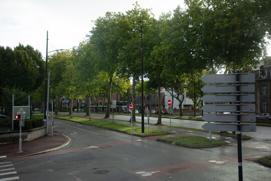 Quiet tree-lined street intersection with cycling lanes, traffic signs and public transportation in Charleroi, Belgium. European urban mobility and sustainable city infrastructure.