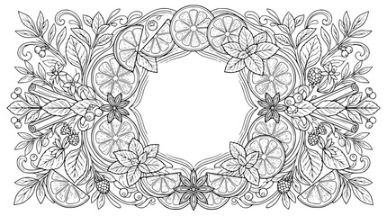 Obraz premium Hand Drawn Citrus and Herbs Floral Frame for Coloring Book