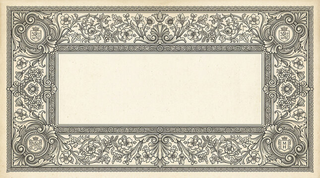 Elegant vintage frame with elaborate floral scrollwork and heraldic emblems, offering blank space for text.