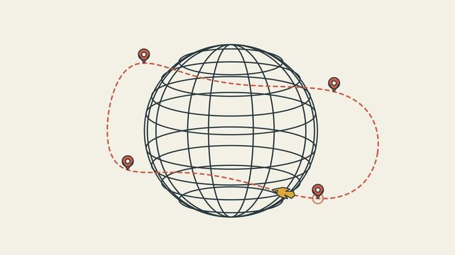 Motion graphics animation of a global supply chain network featuring a wireframe earth globe with tracking location pins and a flying object representing worldwide delivery and logistics