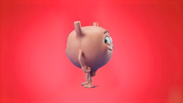 A friendly 3D cartoon human bladder character with big eyes walking cheerfully, isolated on a solid red studio backdrop. Great for urology health promos, medical education clips, bladder health awaren