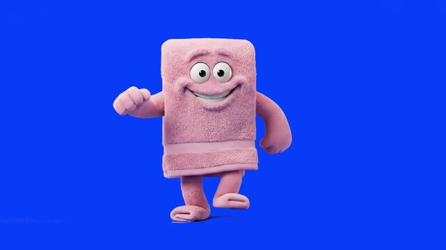 A cheerful 3D cartoon pink towel character with limbs and a smiling face dancing joyfully on a bright blue chroma key background. Perfect for bathroom product commercials, spa branding, hygiene ads, t
