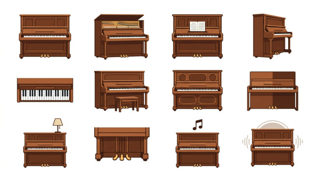 Collection of vintage wooden grand and upright pianos.