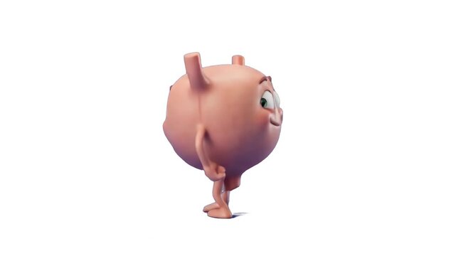A friendly 3D cartoon human bladder organ mascot jumping in place, isolated on a clean white background. Perfect for urology medical education, healthcare awareness campaigns, bladder health promos, a