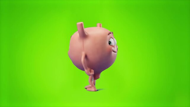 A cute 3D cartoon mascot of a smiling human urinary bladder organ character performing a dance, isolated on a solid green chroma key background. Great for urology health campaigns, medical videos, ana