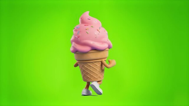 A happy 3D cartoon pink soft-serve ice cream cone mascot with colorful sprinkles running on a bright chroma key green screen background. Designed for easy keying into summer commercials, ice cream tru