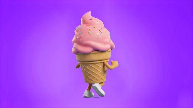 A cute 3D cartoon pink soft-serve strawberry ice cream cone mascot with sprinkles running cheerfully, isolated on a vibrant purple studio backdrop. Ideal for ice cream shop marketing, summer food prom