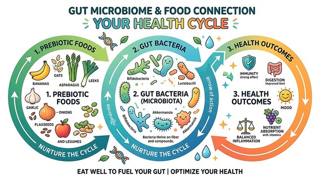 Gut health cycle showing prebiotics bacteria and immunity outcomes