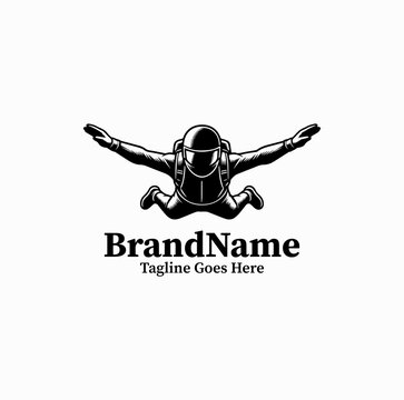 An extreme skydiving vector logo featuring a skydiver in a freefall position with arms and legs spread wide, isolated on a white background.