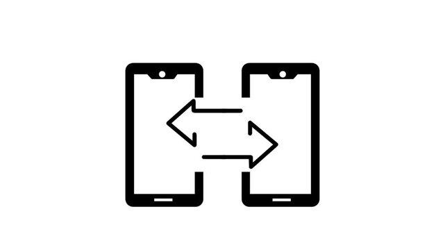 Data transfer icon featuring two smartphones connected by arrows. Suitable for file sharing, synchronization, mobile communication, and wireless transfer concepts.