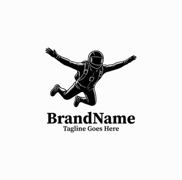 An extreme skydiving vector logo featuring a skydiver in a freefall position with arms and legs spread wide, isolated on a white background.