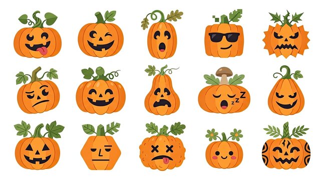 Cute halloween pumpkin characters with various facial expressions halloween character jackolantern expression seasonal collection celebration decoration vegetable isolated