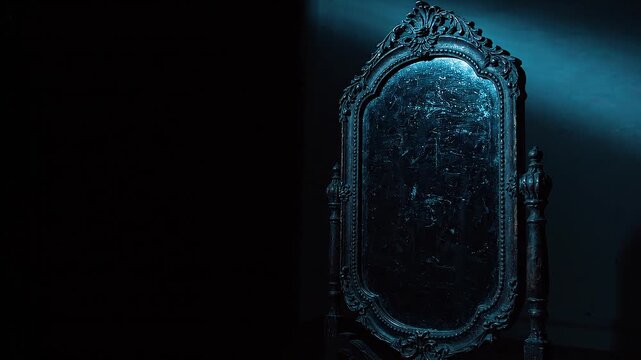 An ornate vintage standing mirror framed by moody blue light in a dark room with a mysterious and ancient atmosphere