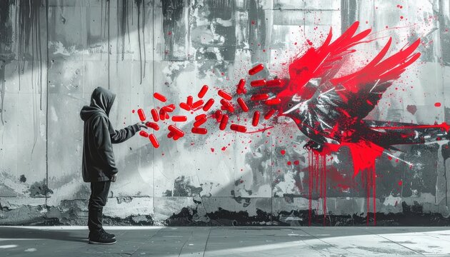 Conceptual urban street art featuring a hooded figure casting red pills that morph into a stylized bird on a weathered concrete wall with copy space for text.