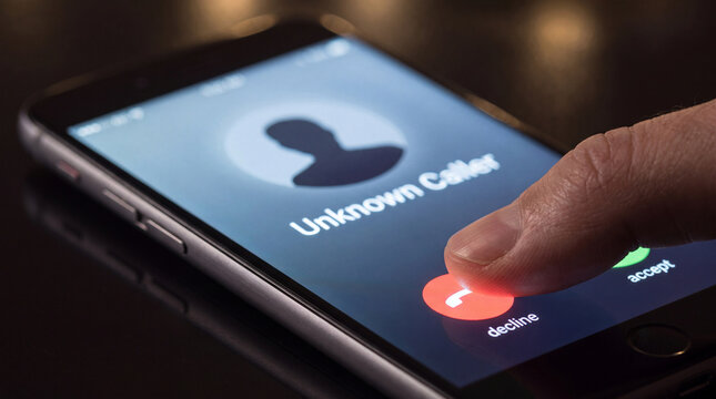 Finger pressing decline button during unknown phone call on smartphone screen