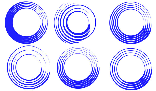 Set of six blue concentric circular line patterns on a white background