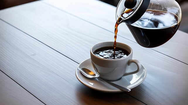 Pouring Fresh Hot Black Coffee Into a White Ceramic Cup on a Wooden Table