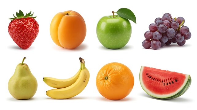 Collection of Fresh Ripe Fruits Including Strawberry Apricot Apple Grapes Pear Banana Orange and Watermelon Slice