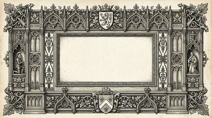 Fototapeta premium Medieval stone carving frame featuring knight and monk statues with heraldic lion crest.