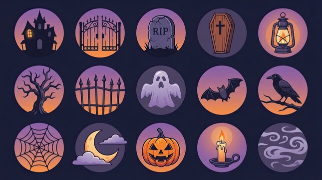 Halloween holiday festive icon set featuring traditional symbols of spooky celebrations on gradient circular backgrounds halloween celebration collection decoration illustration