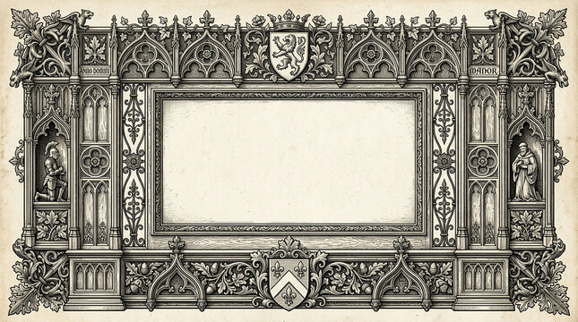 Medieval stone carving frame featuring knight and monk statues with heraldic lion crest.