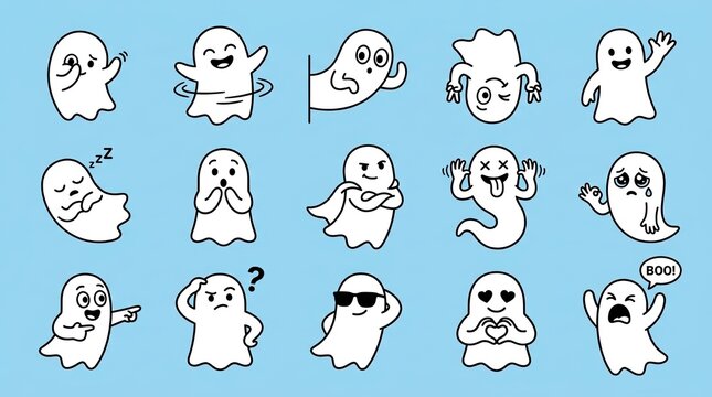 Collection of various cute and funny ghost character expressions and poses for social media stickers with character expressions halloween stickers illustration isolated