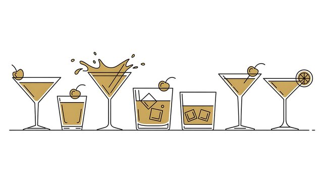 Collection of Elegant Line Art Cocktail Glasses with Garnishes for Bar Menu Design