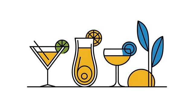 Minimalist Line Art Illustration Featuring Assorted Tropical Cocktails and Decorative Botanical Elements