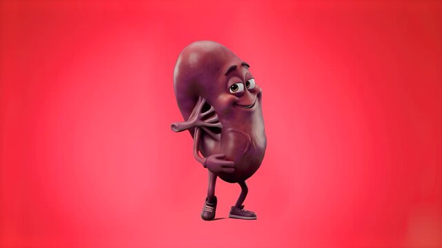 A friendly 3D cartoon human kidney organ mascot character performing an energetic dance on a vibrant red studio background. Ideal for medical education, healthcare commercials, urology promos, organ h