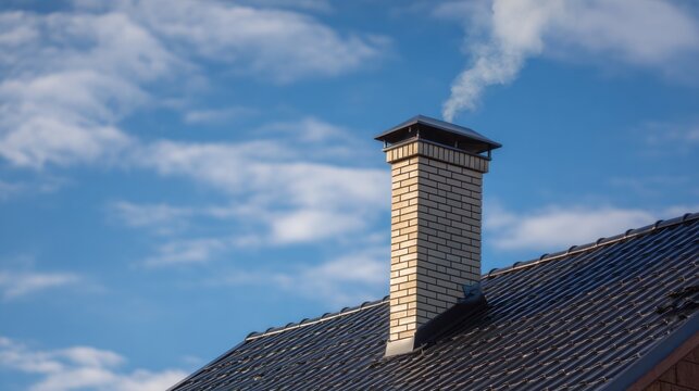 Brick chimney on rooftop against cloudy blue sky architecture background