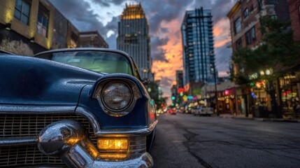Obraz premium Vintage blue car on city street with skyscrapers under a colorful sunset sky