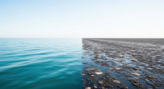 Vertical split-screen image juxtaposing pristine turquoise ocean water against a dark, polluted wasteland filled with sludge and debris under a bright, minimalist horizon.