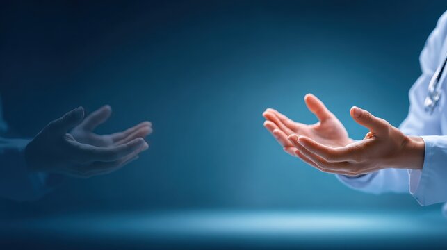 Medical professional reaching out with open hands on a blurred background