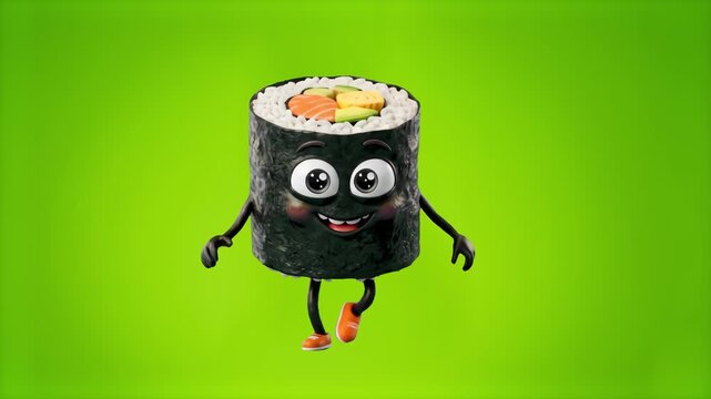 A detailed 3D animated model of a cute sushi maki roll character with nori seaweeds, rice, fillings, and a smiling face dancing, set on a chroma key green screen background. Ideal for Japanese restaur