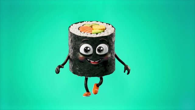 A playful 3D animated sushi maki roll character dances cheerfully against a vibrant teal background. Great for Japanese food packaging intros, social media food ads, and restaurant branding videos.