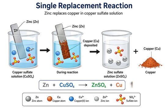 Single Replacement Reaction with Zinc and Copper Sulfate Educational Graphic