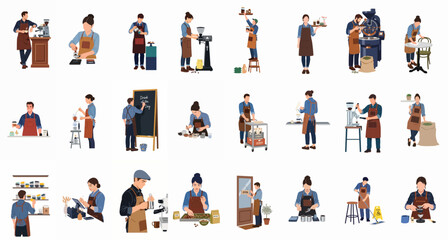 Fototapeta premium Large collection of diverse barista characters and coffee shop staff performing daily professional tasks in a modern flat vector illustration style.