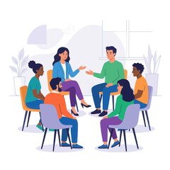 Fototapeta premium Diverse Group of People in Circle for Therapy Session or Support Meeting, Flat Vector Illustration