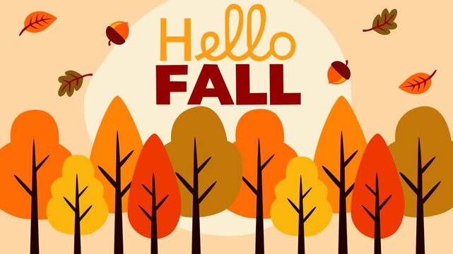 Warm autumn forest motion background featuring colorful trees, falling leaves, acorns, and a Hello Fall message