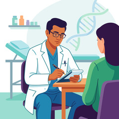 Obraz premium Doctor consulting patient in clinic with DNA helix illustration, flat vector illustration for healthcare and science concepts