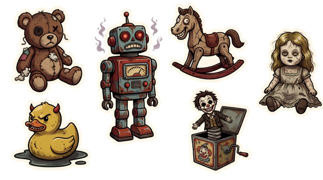 Halloween Haunted Toy Collection with Broken Teddy Bear, Creepy Doll, Evil Rubber Duck, Cursed Jack-in-the-Box and Horror Cartoon Characters Sticker Vector Set