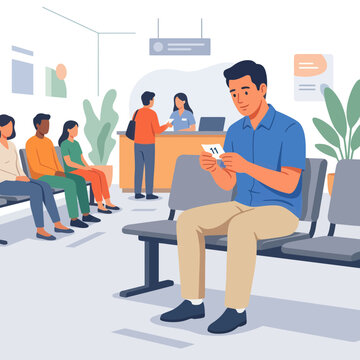 Diverse people waiting in a modern reception area, holding queue numbers, flat vector illustration